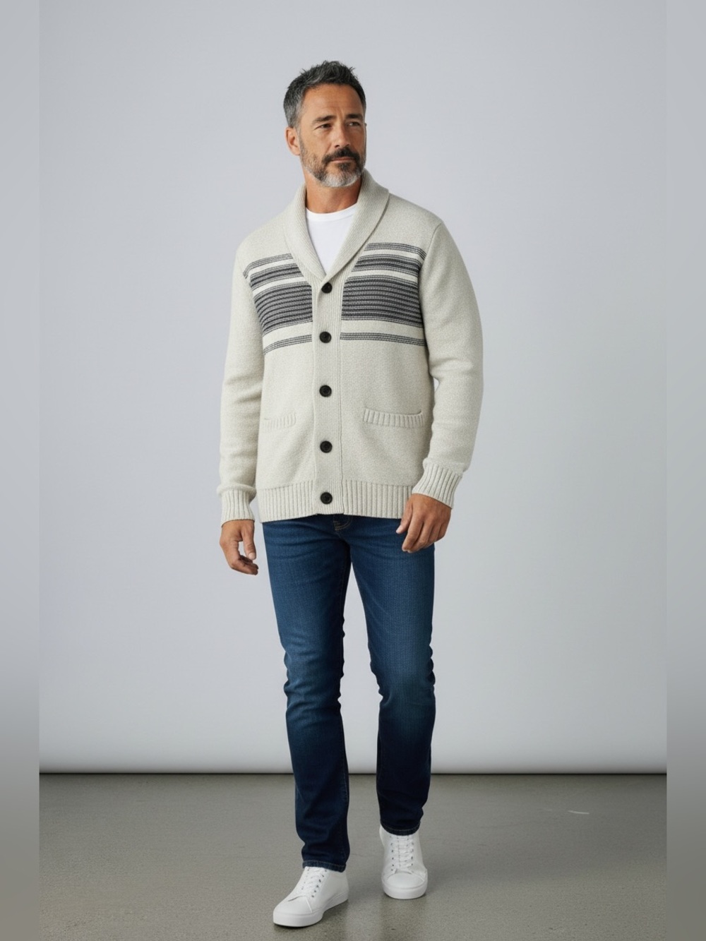 Men’s Old Navy Striped Knit Shawl Cardigan Sweater Beige Black Size M